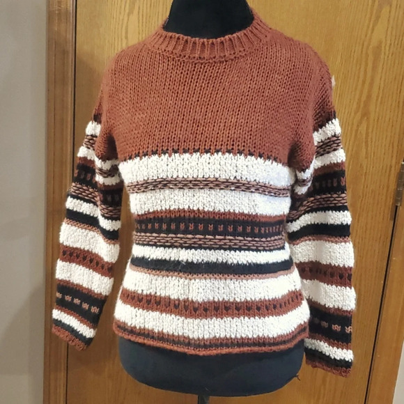 Elsamanda anthropologie stripe knit sweater wool alpaca blend brown white black - Picture 1 of 7